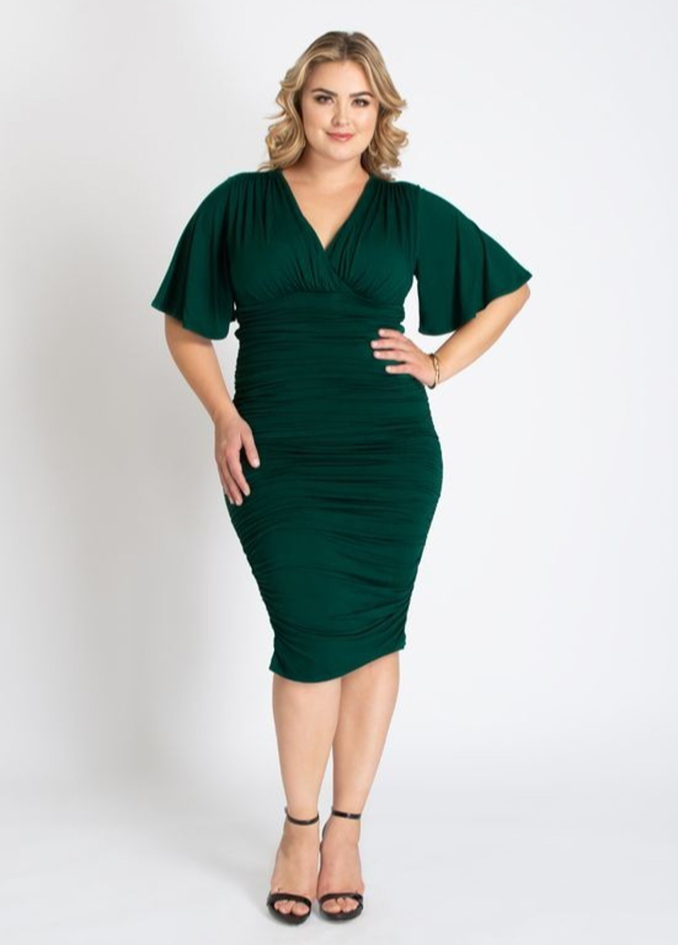 Kiyonna Rumor Ruched Dress 2X Green Bodycon Femme Fatale Retro Pin Up Christmas